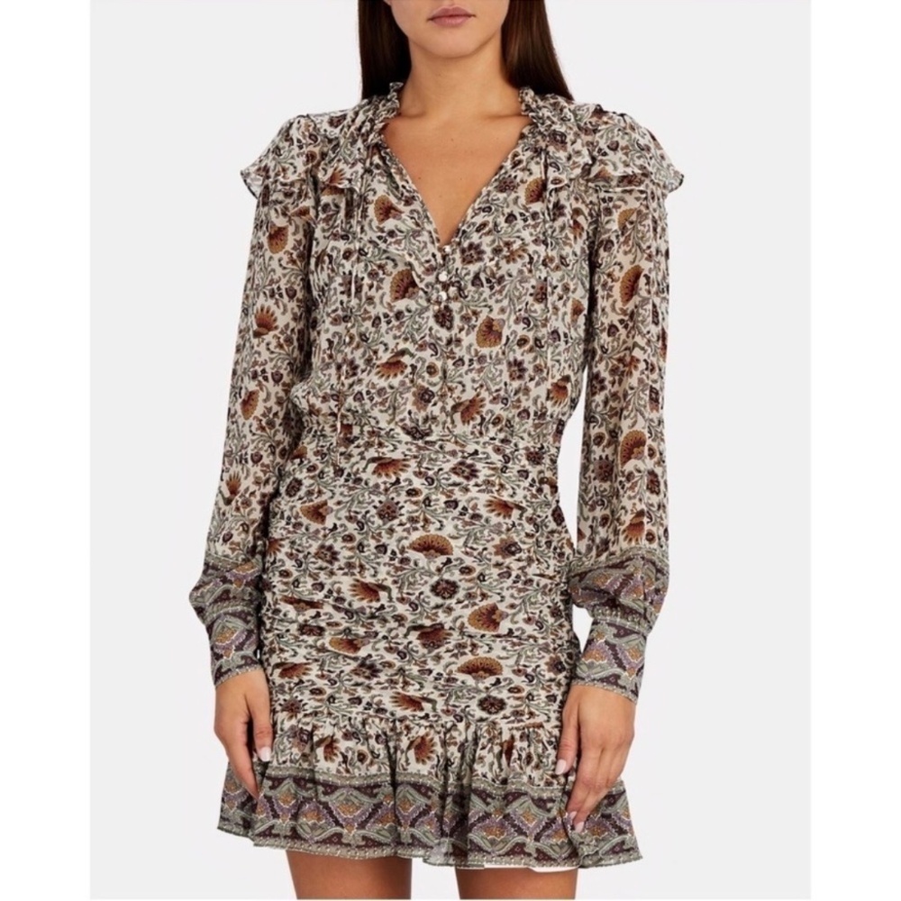 Veronica Beard Silk Ruched Floral Long-Sleeve Jaylene‎ Mini Dress